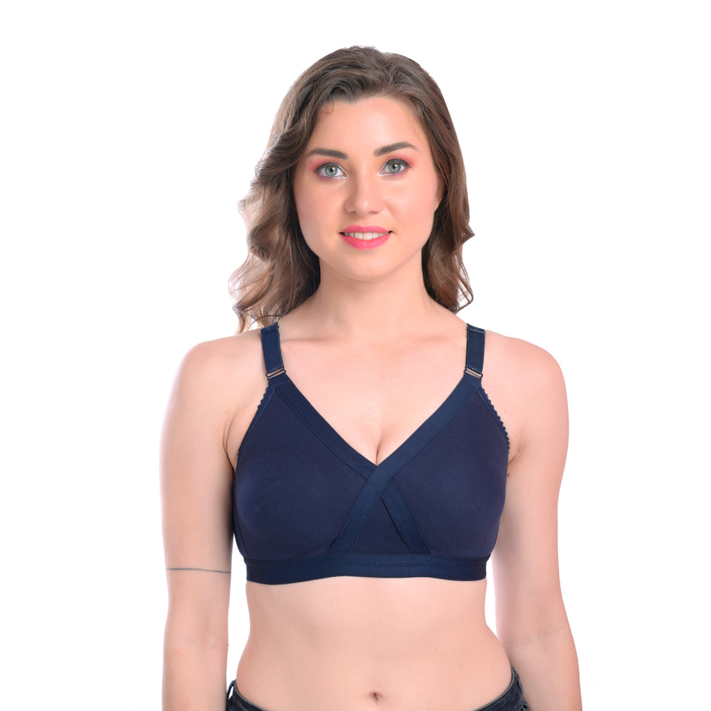 Womens Seamless Comfort Bra Navy Blue Wire-Free Full Coverage Everyday Wear - Teenplus
